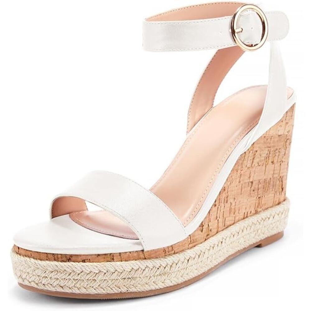 White Cork Espadrille Wedge Sandals with Ankle Strap sz 11